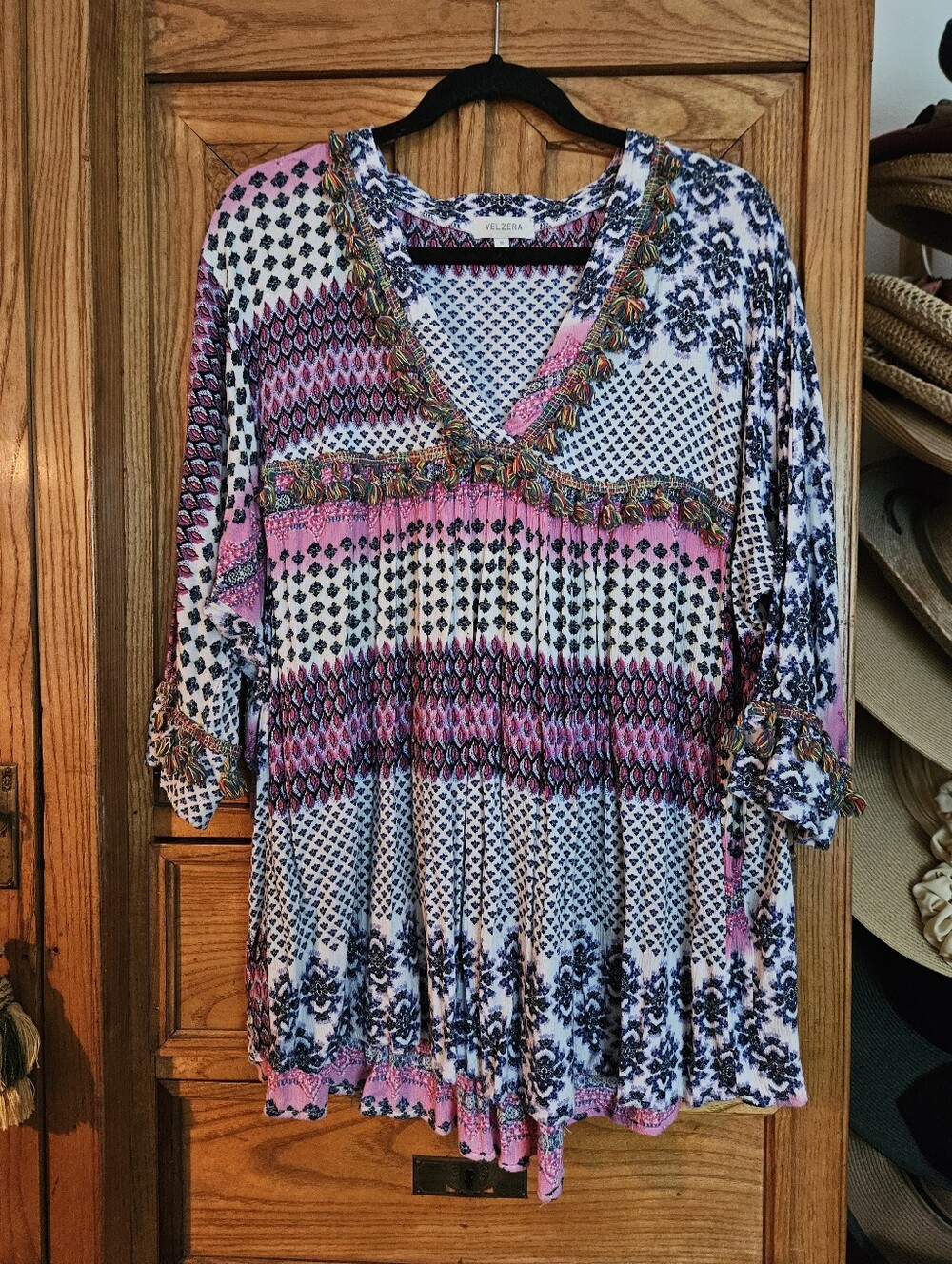 Velzera Oversized Multi-color V-Neck Tunic Blouse With Tassels M (Will Fit L/XL)
